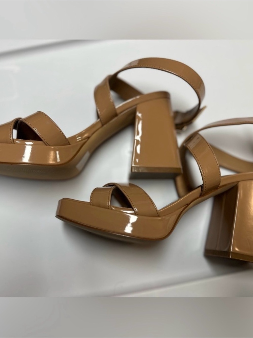 Nine West Cognac Patent Platform Sandals Sz 6 NWOT